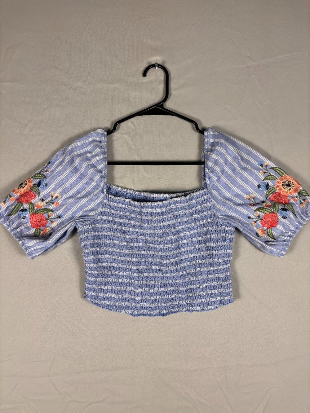 Xhilaration Blue & White Striped Floral Embroidered Square Neck Smocked Crop Top
